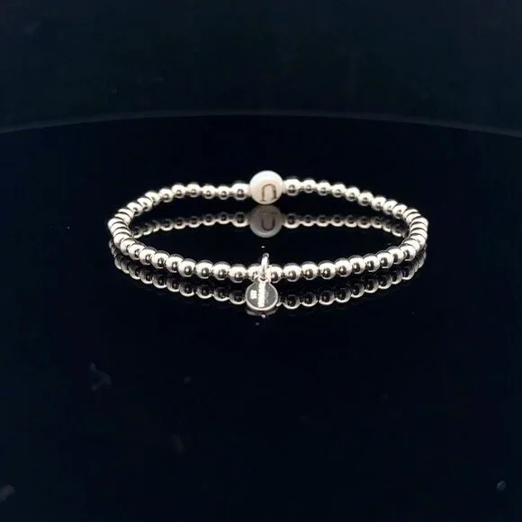 925 Sterling Silver Beaded Stretch Stacking Bracelet MOP Letter Initial U - Picture 4 of 6